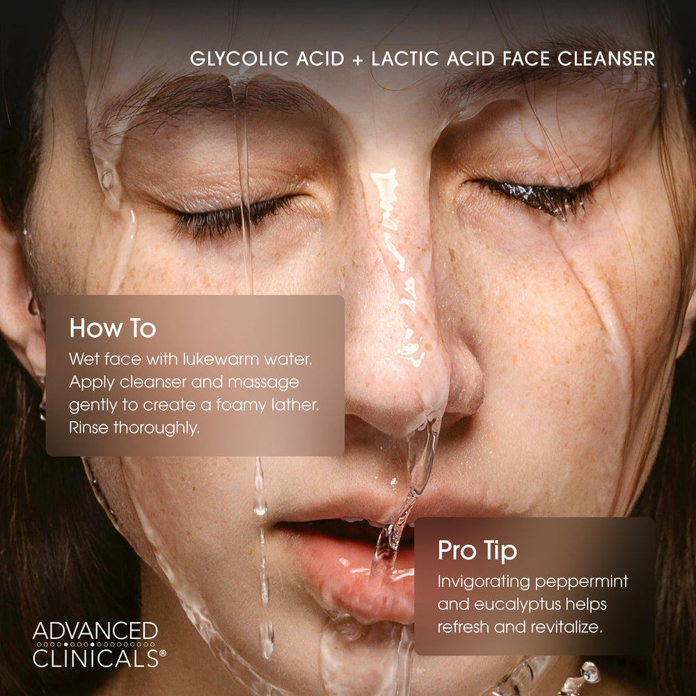 Advanced Clinicals Glycolic Face Wash close-up ingredients highlighting glycolic and lactic acids