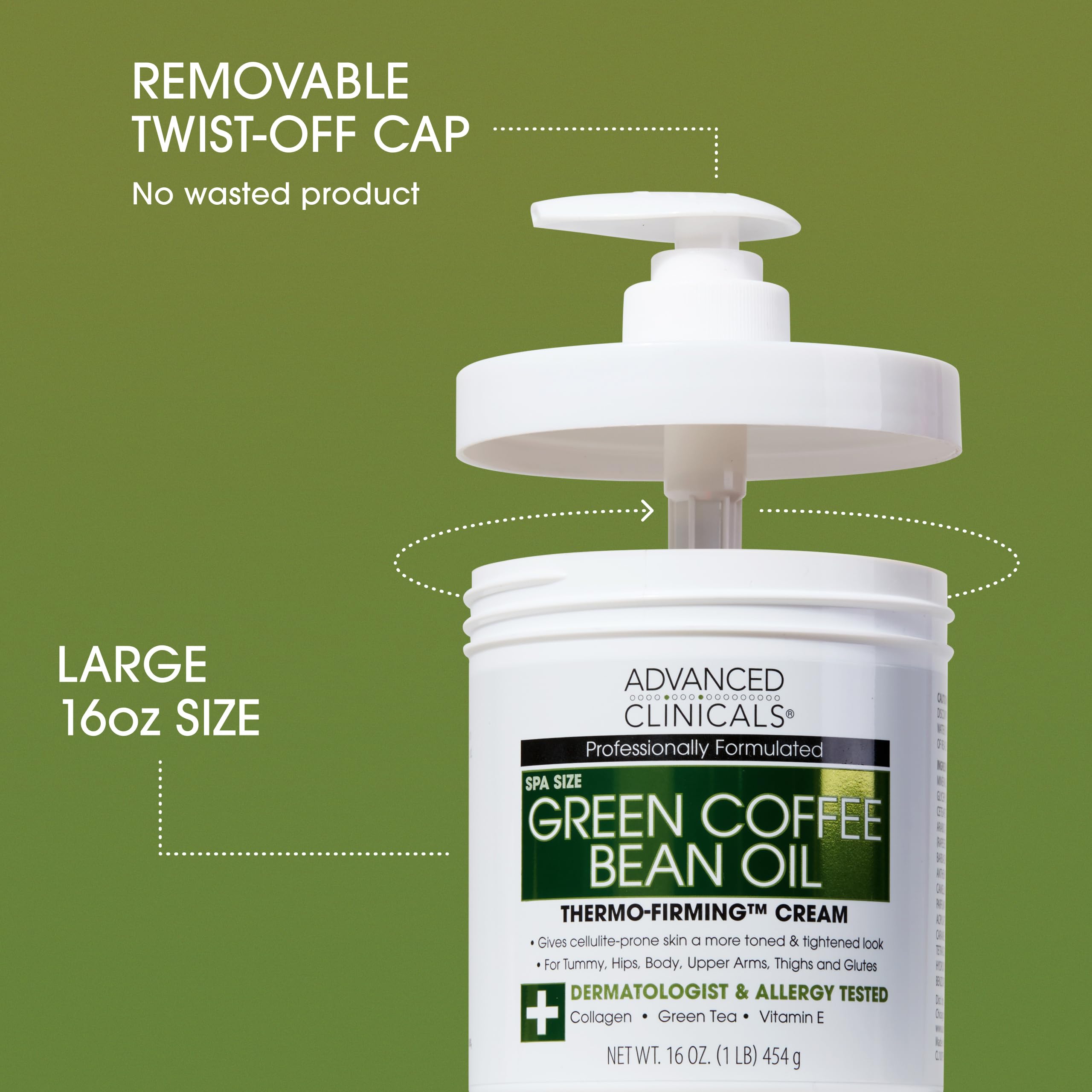 Advanced Clinicals Green Coffee Bean Oil Thermo-Firming Lotion pump dispenser ready for daily use.