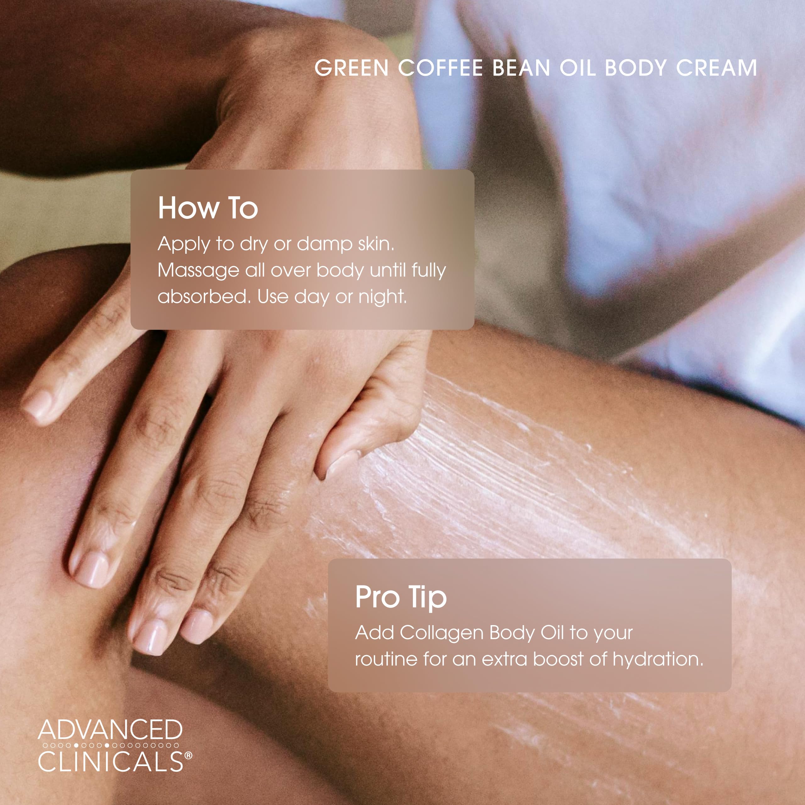 Advanced Clinicals Green Coffee Bean Oil Thermo-Firming Lotion offers a warming feel for routine.