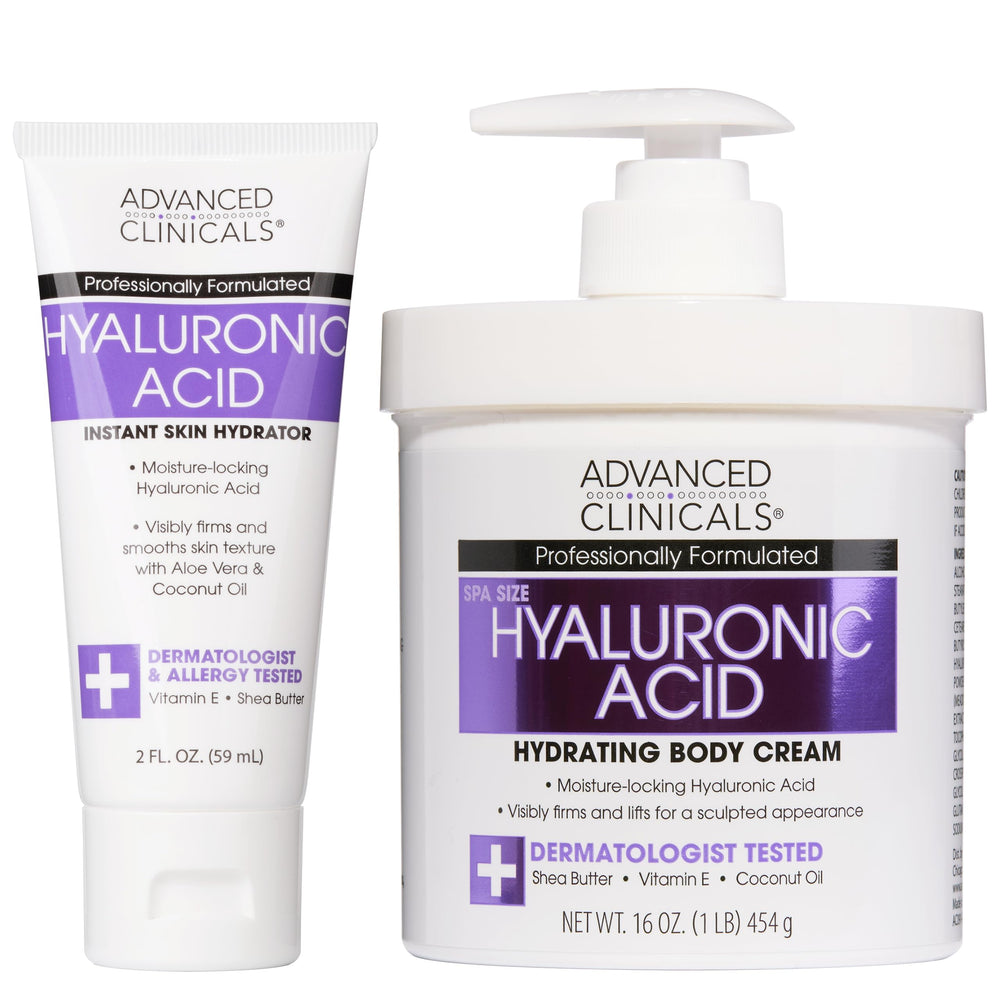 Advanced Clinicals Hyaluronic Acid Body Cream bottle showing hydrating formula for dry skin.