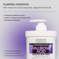 Advanced Clinicals Hyaluronic Acid Body Cream pump image emphasizes easy daily use.