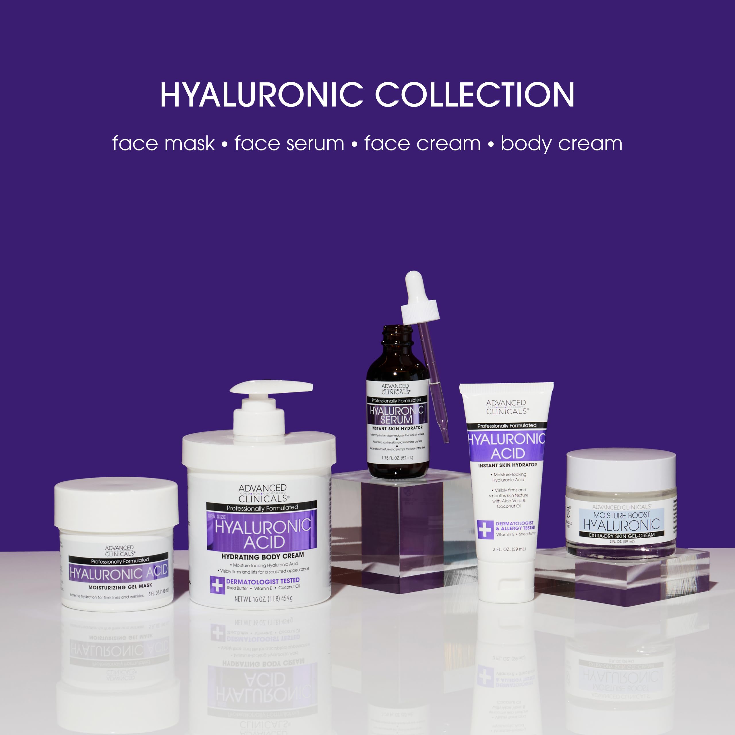 Advanced Clinicals Hyaluronic Acid Body Cream ingredients close-up with squalane and algae extract.