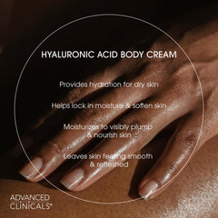 Advanced Clinicals Hyaluronic Acid Body Cream on forearm showing non-greasy hydration.