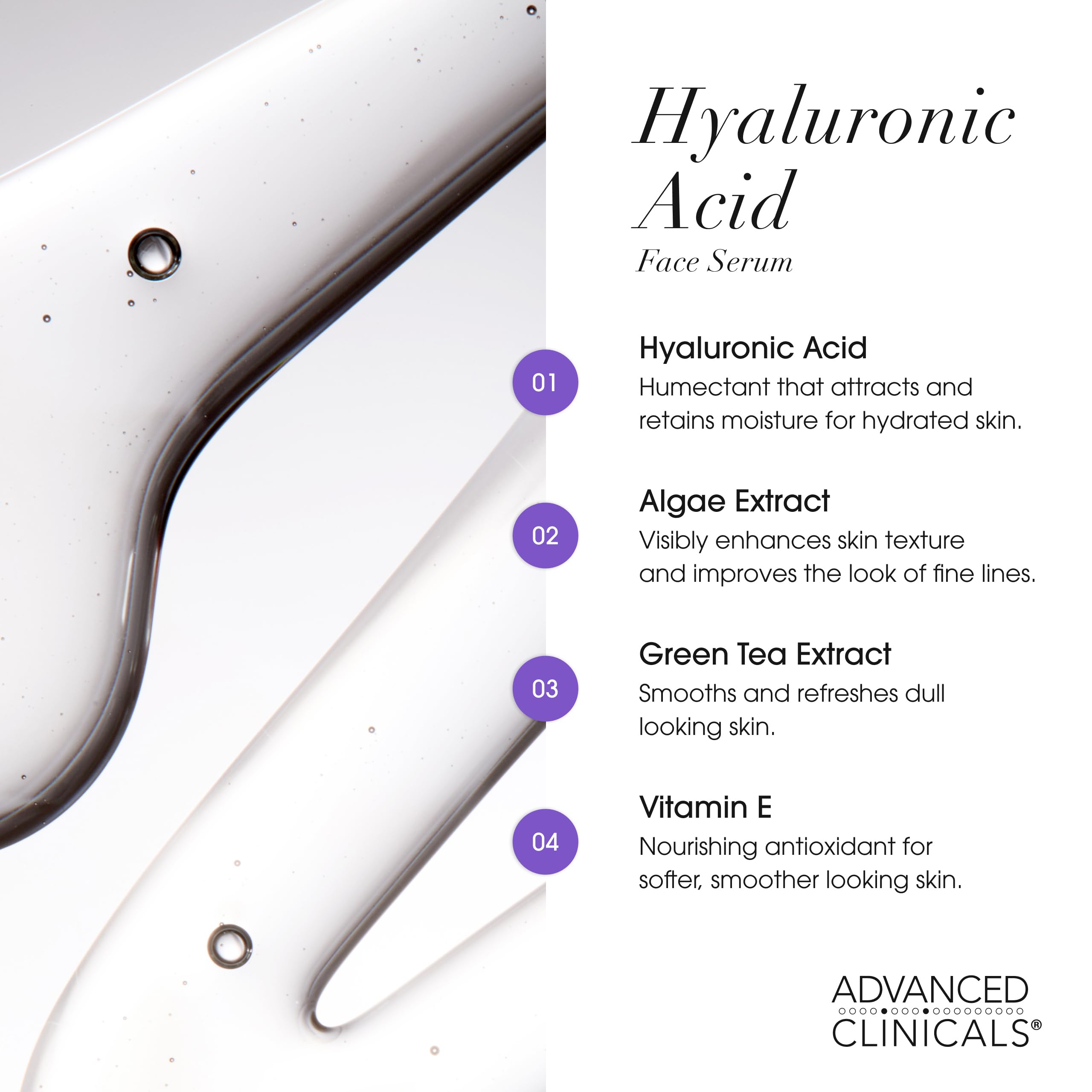Advanced Clinicals Hyaluronic Serum being applied to the face for daily moisturized feel.