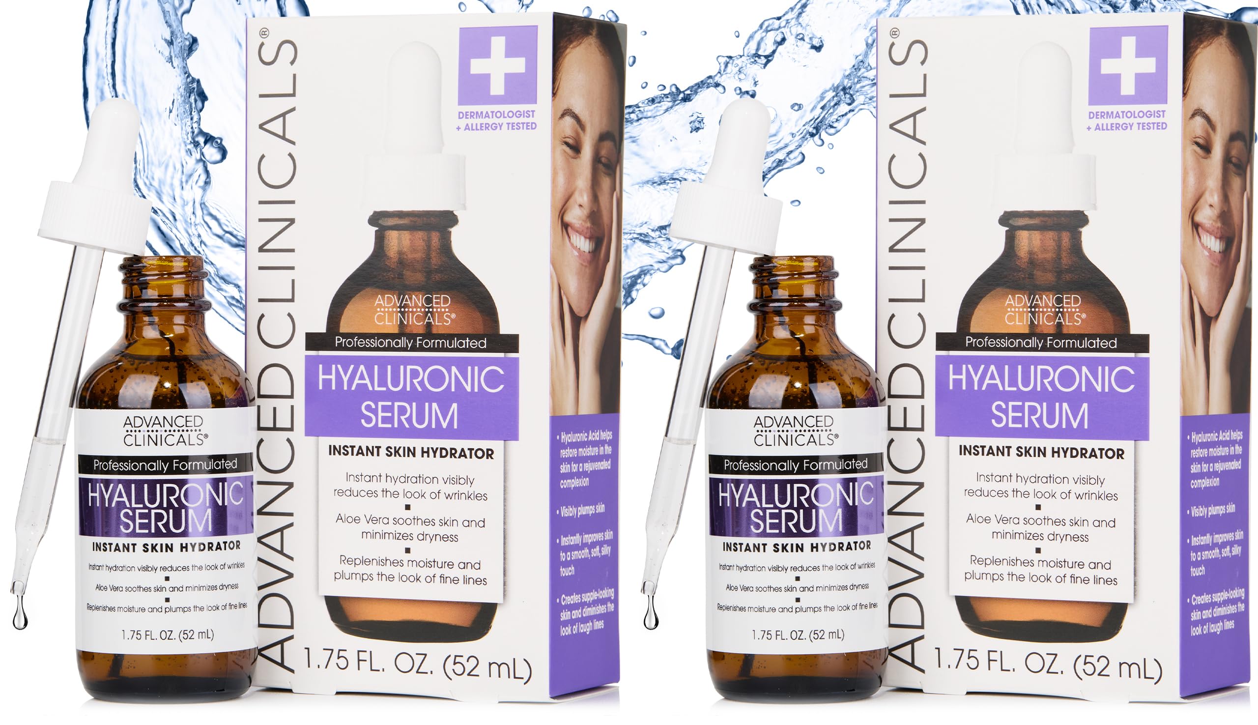 Advanced Clinicals Hyaluronic Acid Serum bottle close-up highlighting hydration for the skin.
