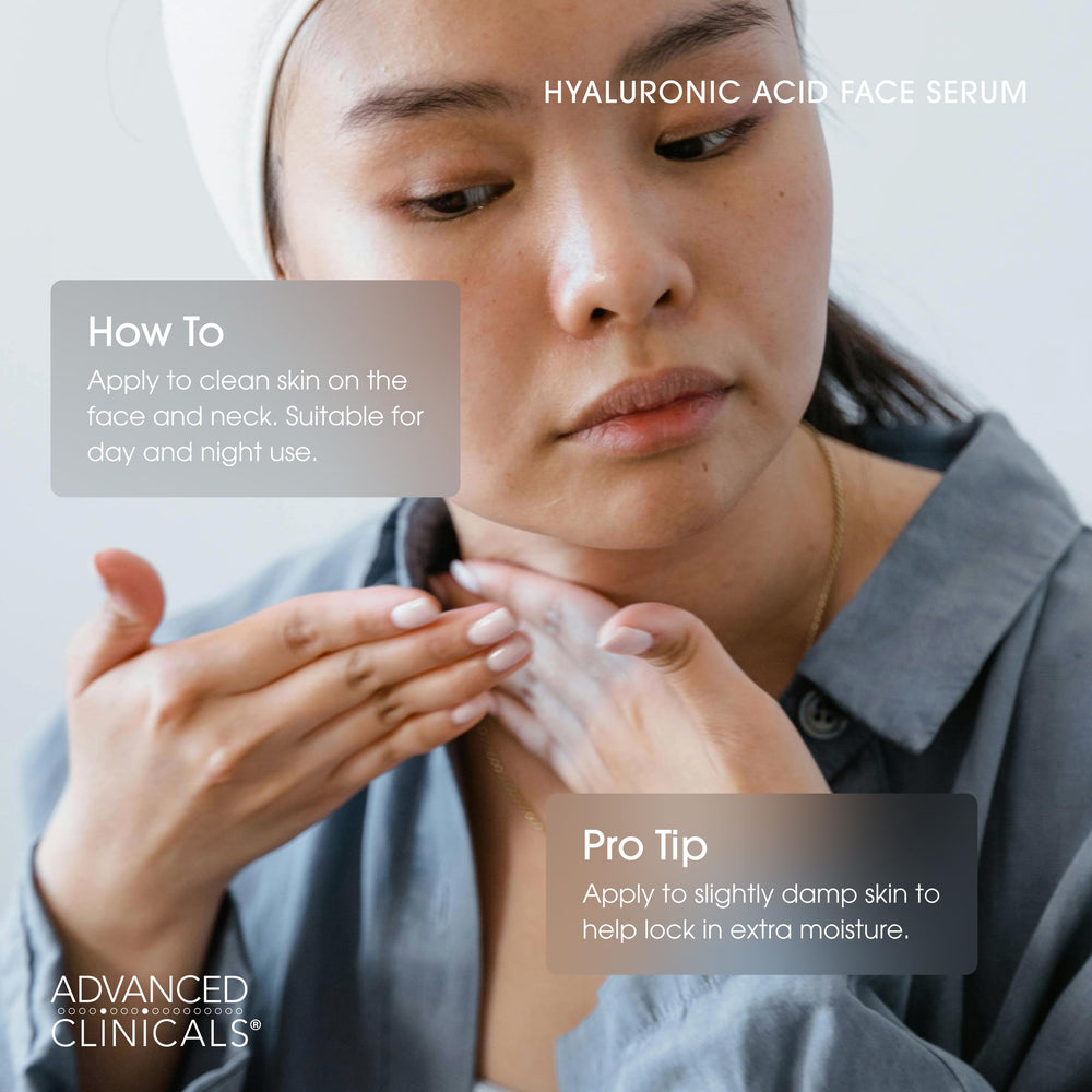 Advanced Clinicals Hyaluronic Serum on a clean neck and jawline area for plump appearance.