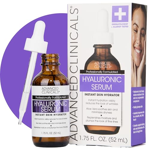 Advanced Clinicals Hyaluronic Serum bottle label highlights green tea and vitamin E benefits.