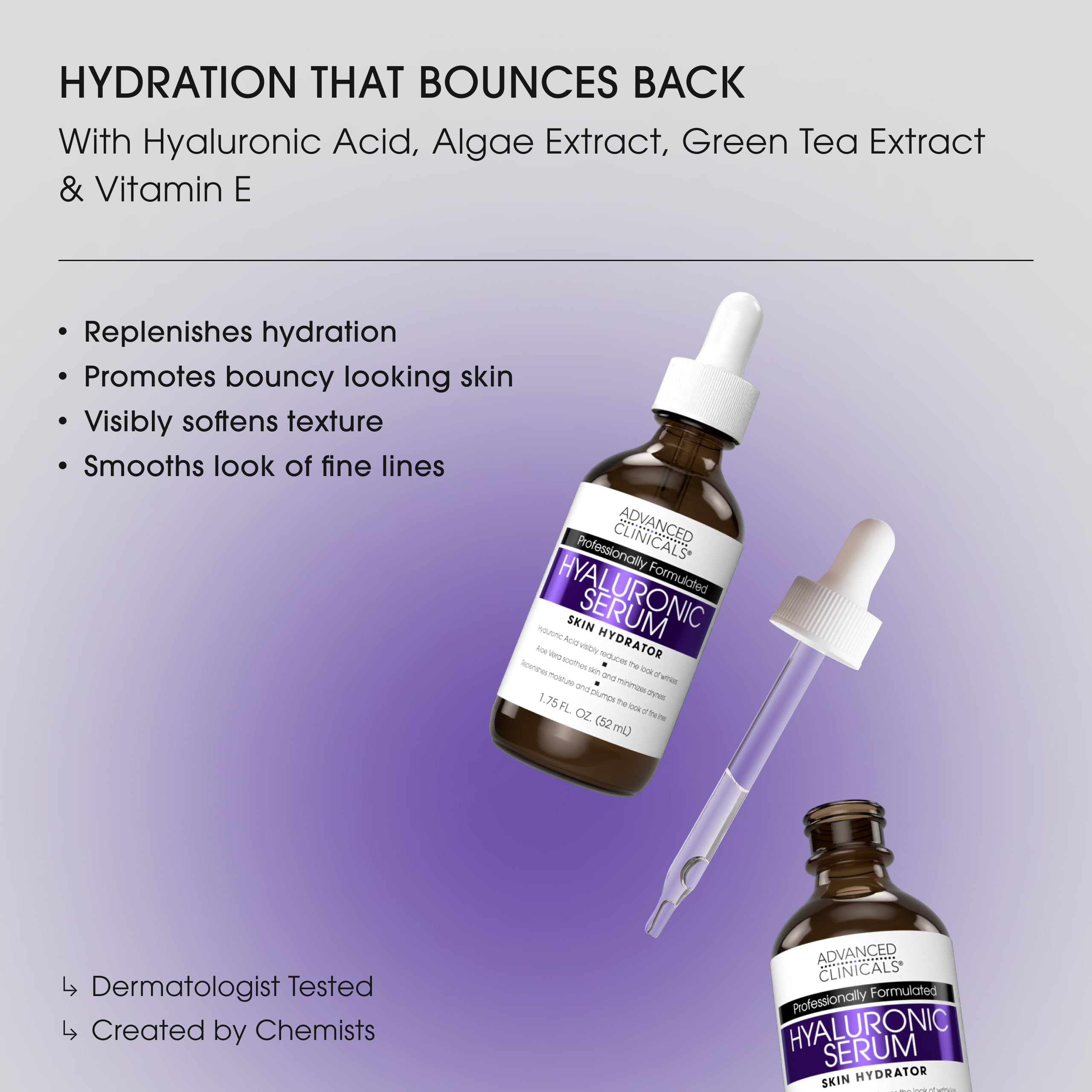 Advanced Clinicals Hyaluronic Acid Serum pump-dispense showing a lightweight gel ideal for daily hydration.