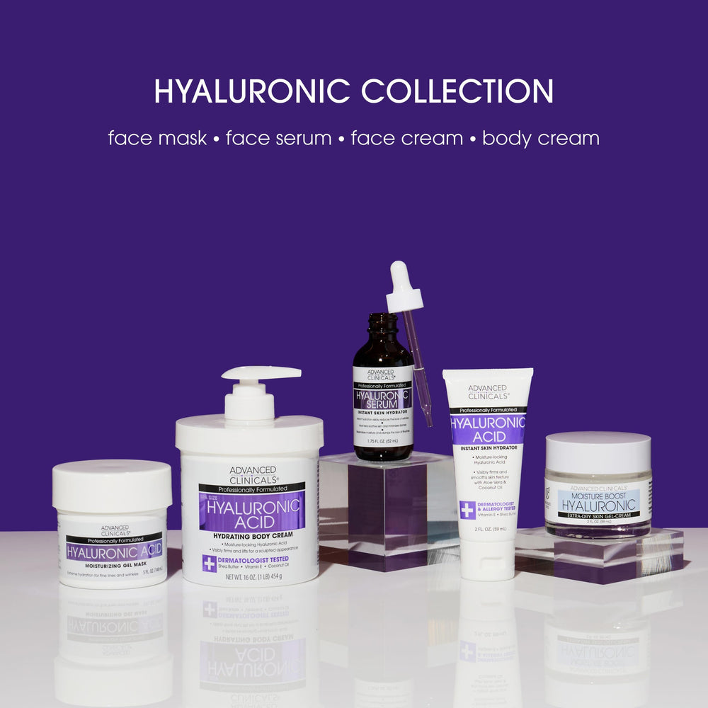 Advanced Clinicals Hyaluronic Serum close-up on a hydrated, dewy complexion.