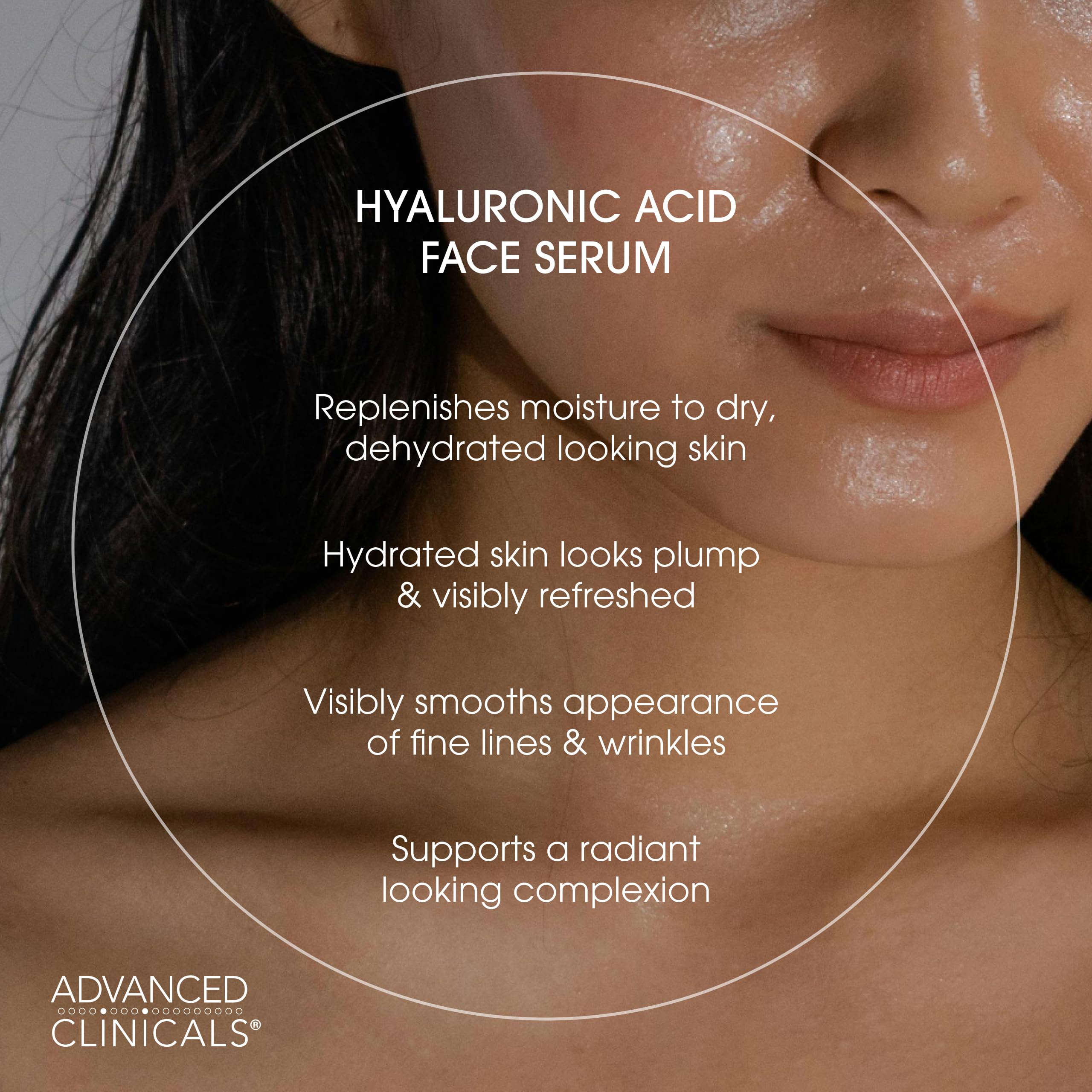Advanced Clinicals Hyaluronic Serum on skin shows improved smoothness and hydration potential.