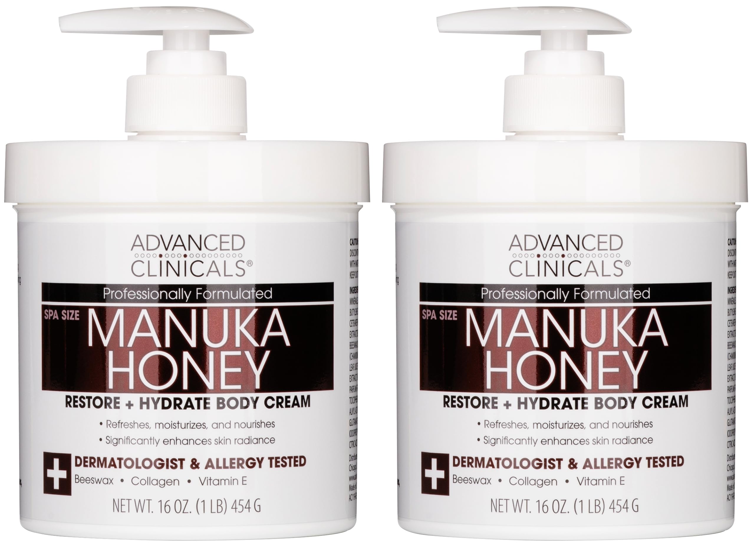 Advanced Clinicals Manuka Honey Body Cream bottle illustrates deep hydration for dry skin.