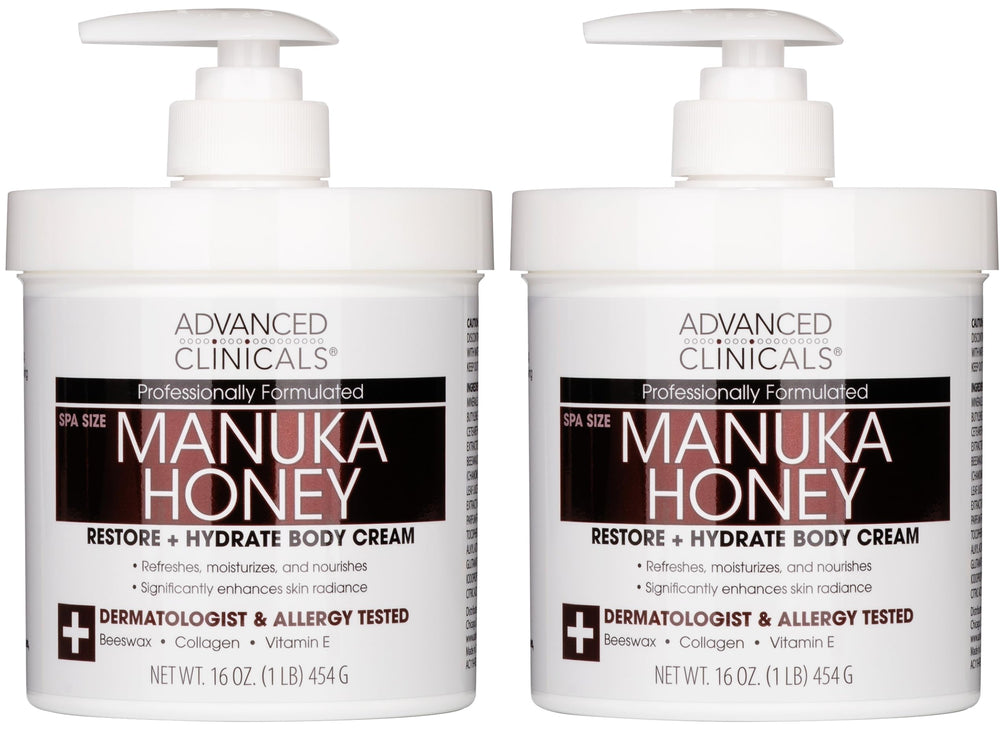 Advanced Clinicals Manuka Honey Body Cream bottle illustrates deep hydration for dry skin.