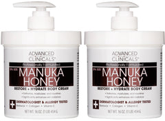Advanced Clinicals Manuka Honey Body Cream bottle illustrates deep hydration for dry skin.