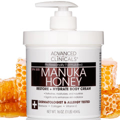 Advanced Clinicals Manuka Honey Body Cream jar closeup showing rich hydration for dry skin