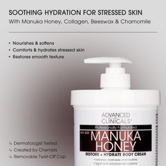 Advanced Clinicals Manuka Honey Body Cream jar texture close-up suggests smoothing, nourishing body moisture.