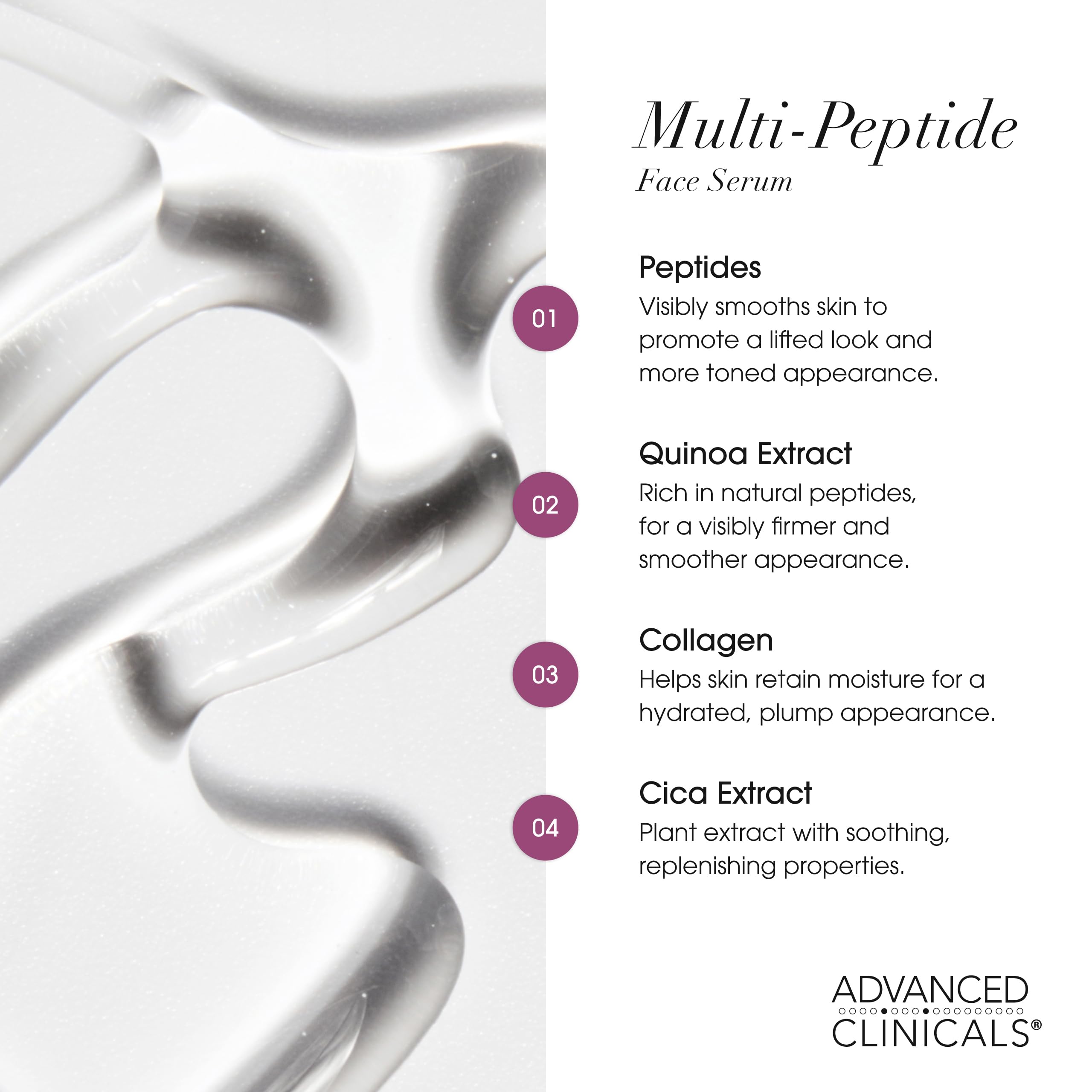 Advanced Clinicals Multi Peptides Serum Face ingredient focus with quinoa and cica extract for hydration boost.