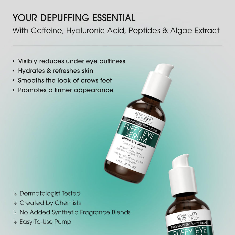 Advanced Clinicals Puffy Eye Serum application demonstrates targeted dab for hydration and smoothing around the eye.