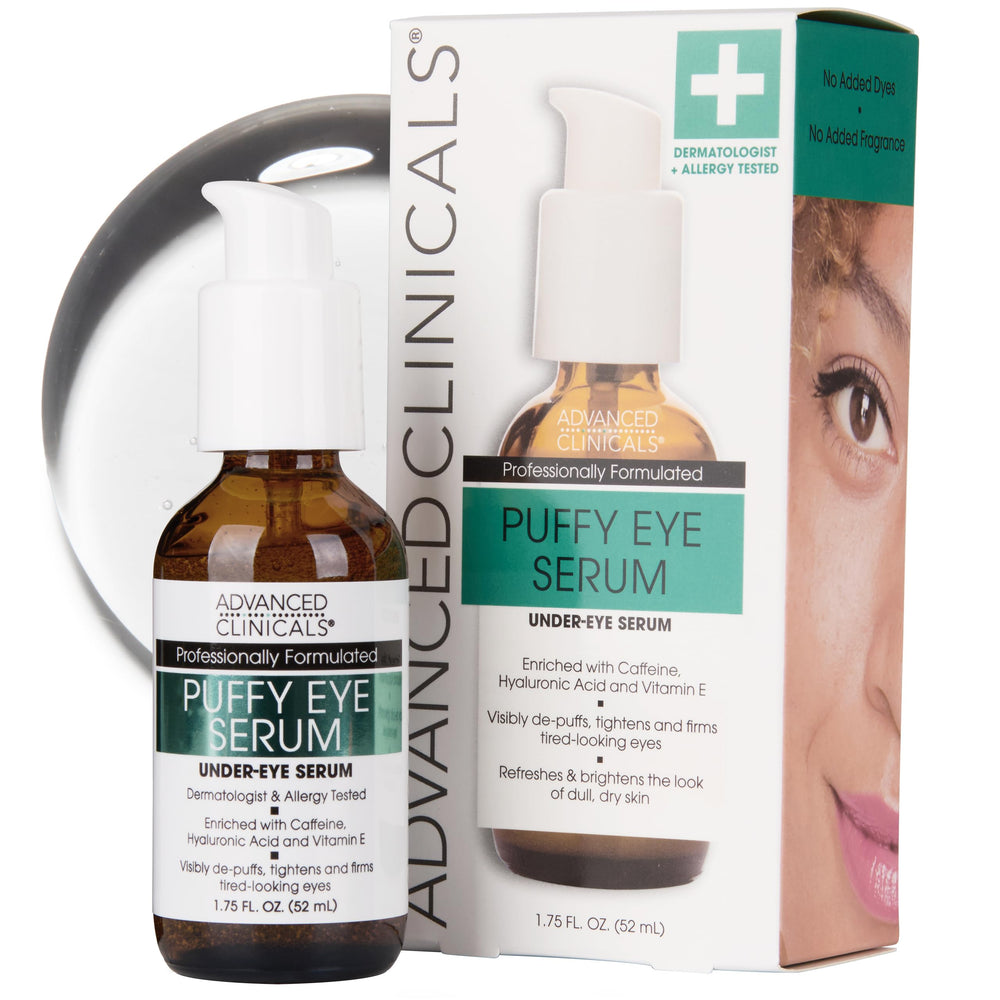 Advanced Clinicals Puffy Eye Serum bottle shows lightweight gel for daily depuffing.