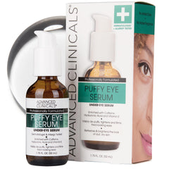 Advanced Clinicals Puffy Eye Serum bottle shows lightweight gel for daily depuffing.