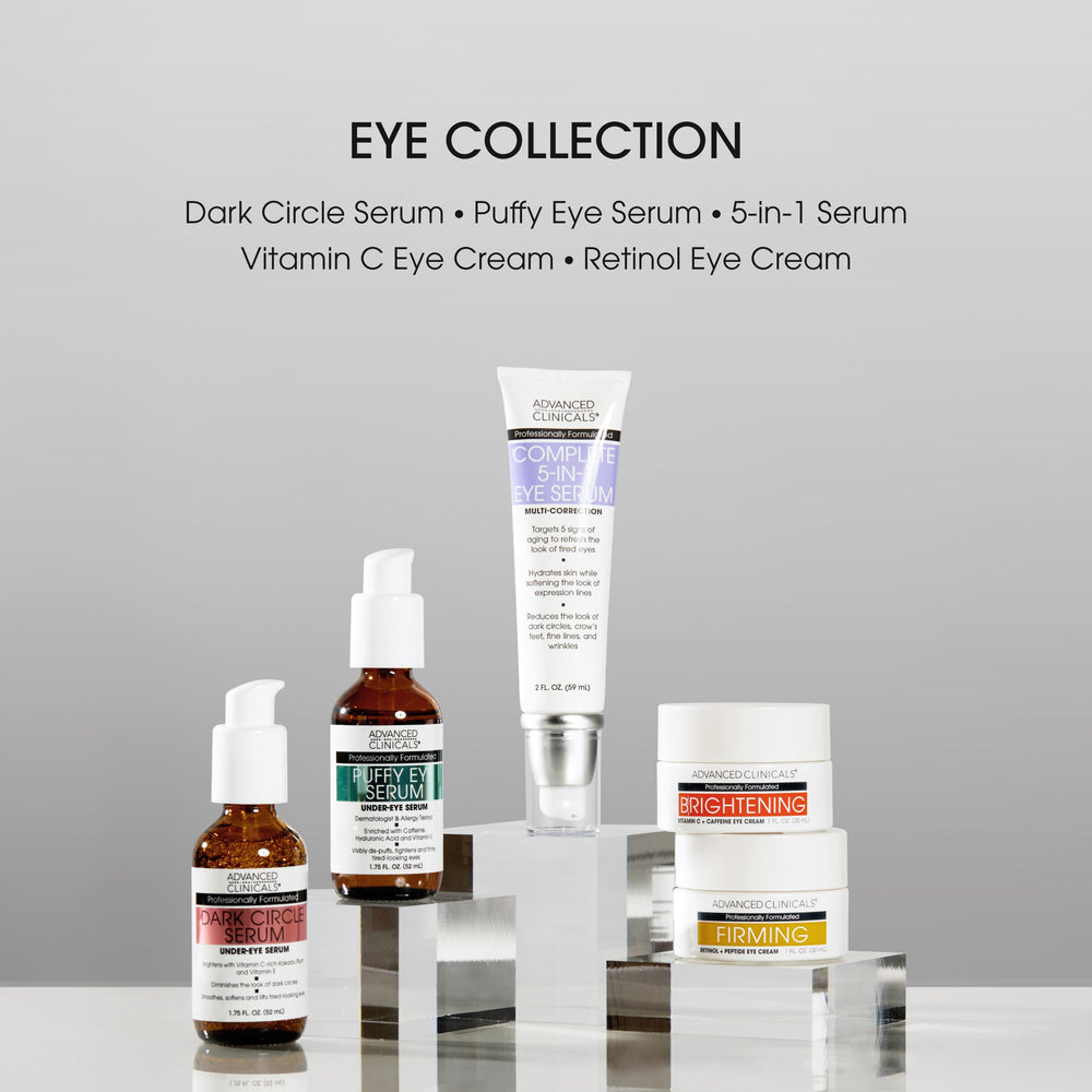 Advanced Clinicals Puffy Eye Serum caffeine-peptides highlight energizing eye area.