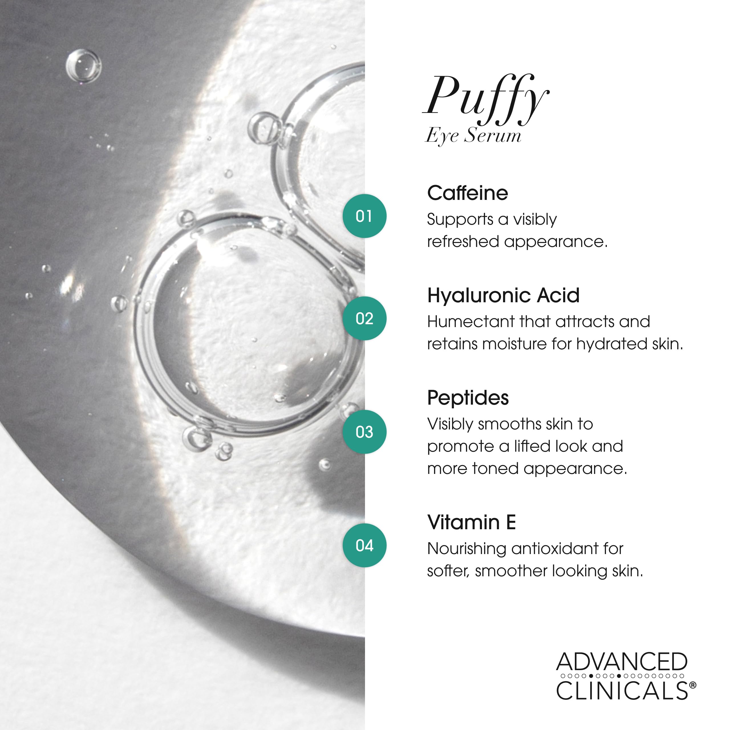 Advanced Clinicals Puffy Eye Serum texture glide demonstrates quick absorption.