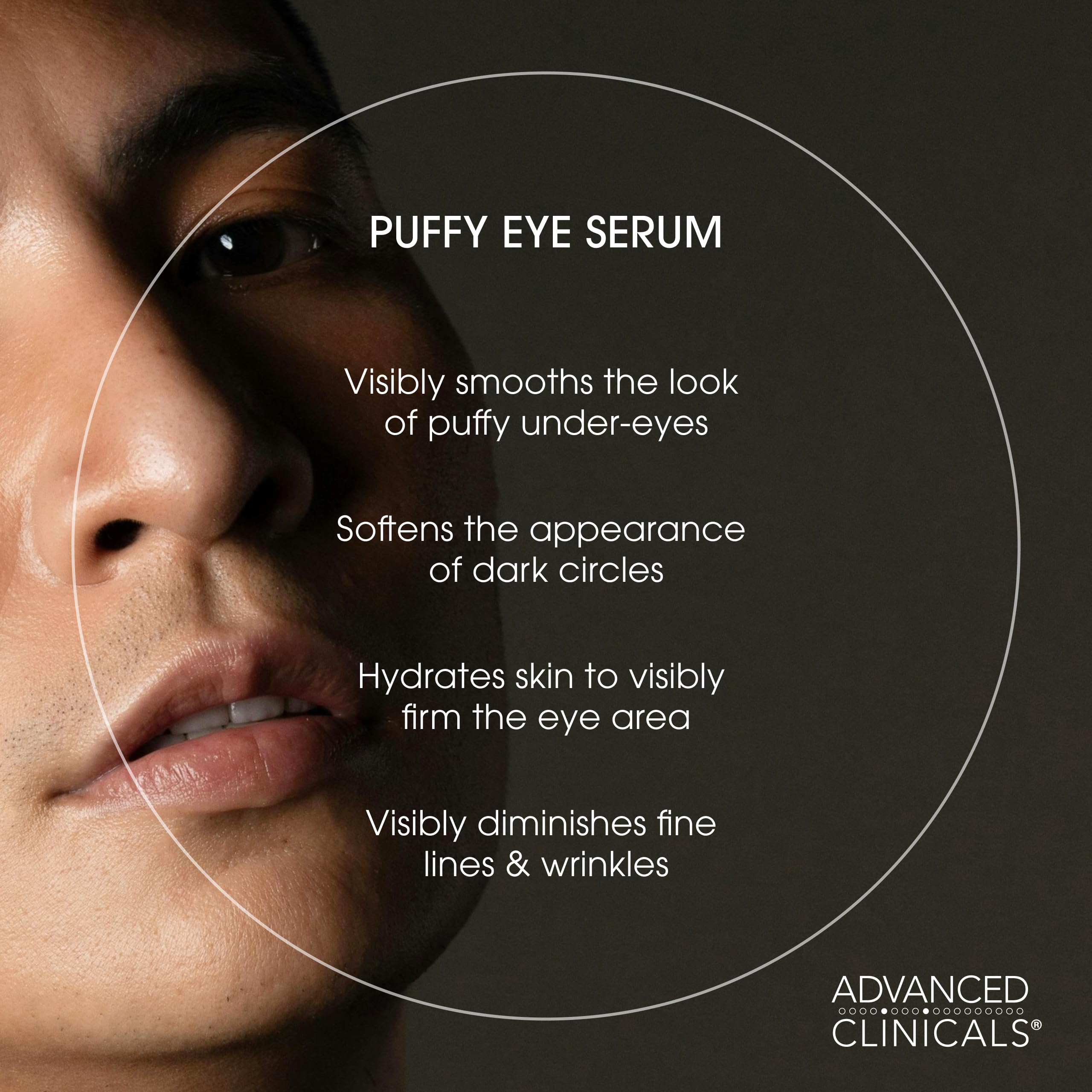 Advanced Clinicals Puffy Eye Serum under-eye area shows smooth, hydrated skin potential.
