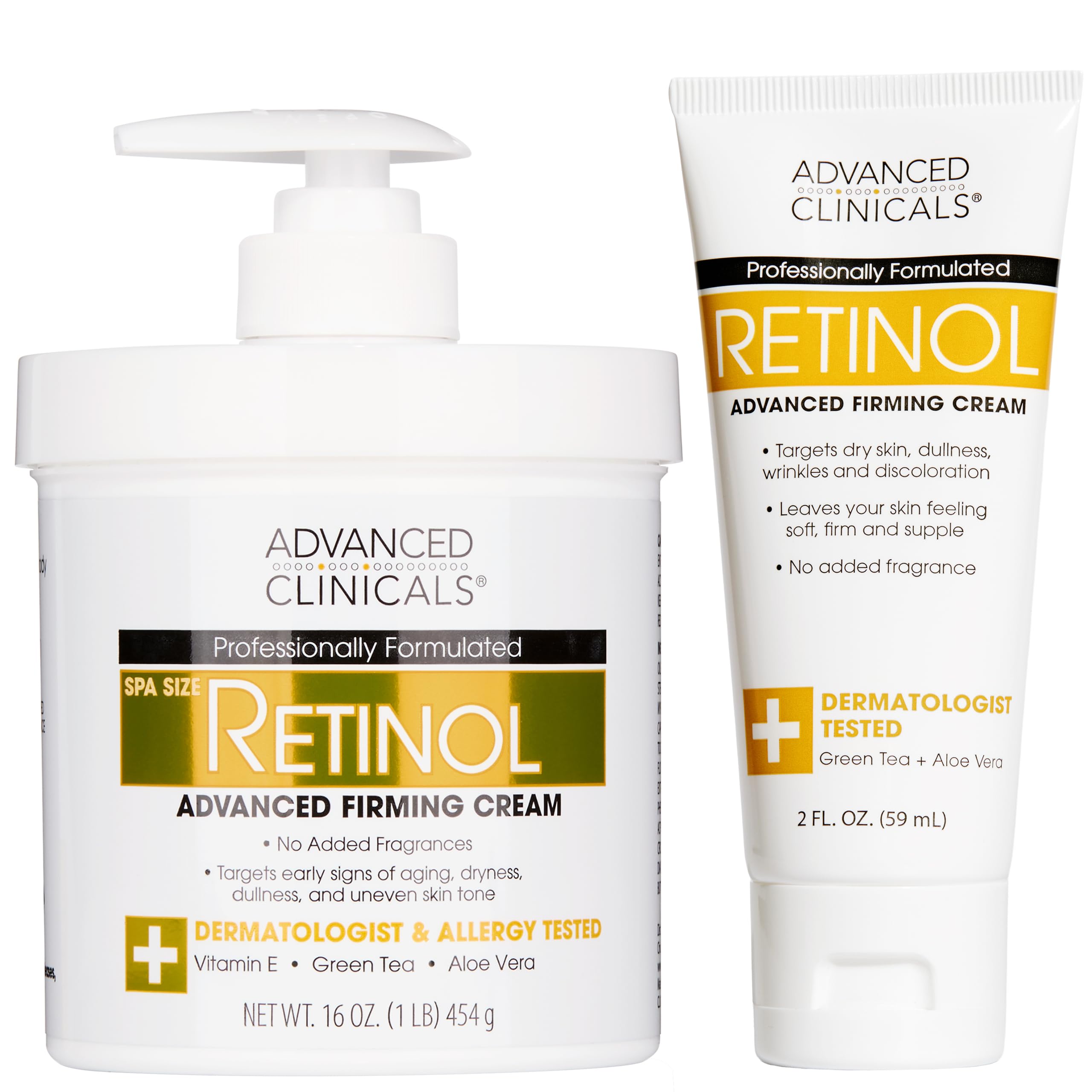 Advanced Clinicals retinol body cream jar shows a smooth, firming effect on skin texture.