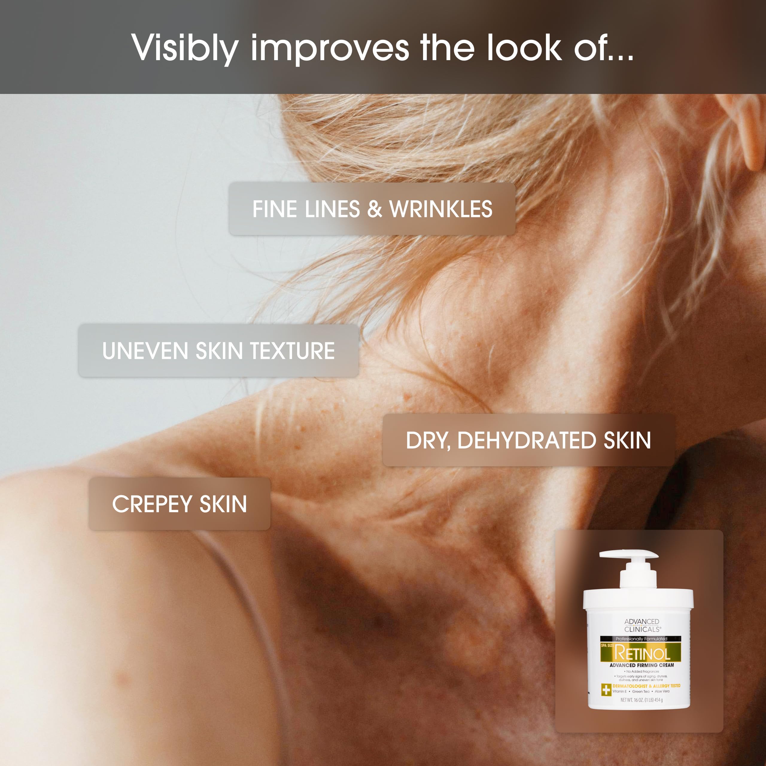 Advanced Clinicals Retinol Body Lotion ingredients Vitamin E, Green Tea, Aloe for nourishment.