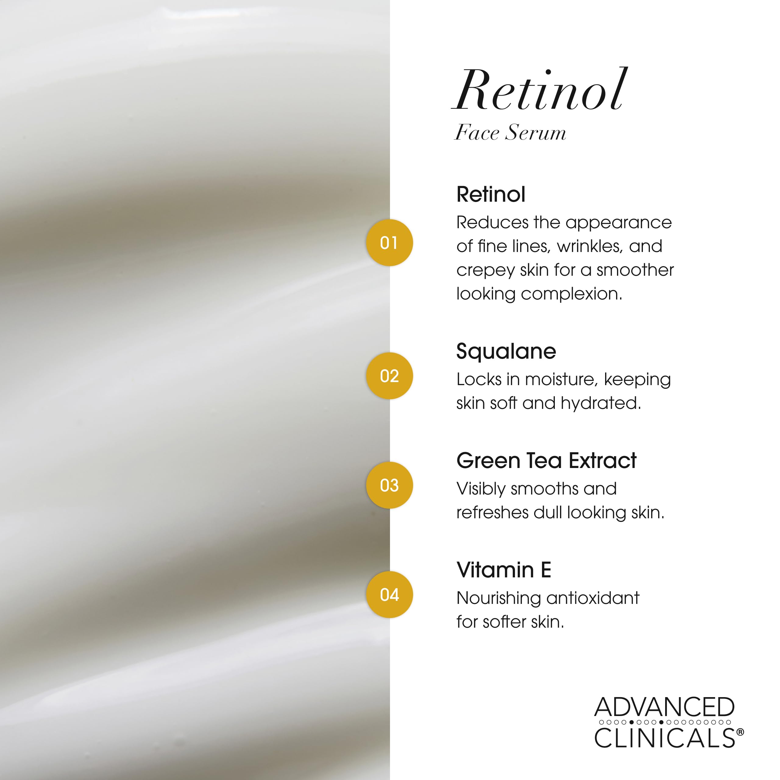 Advanced Clinicals retinol serum application close-up emphasizes smoother texture