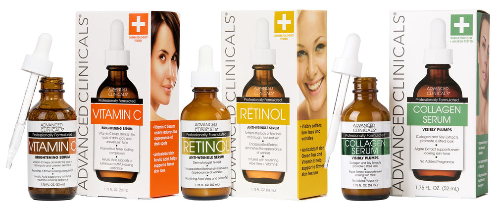 Advanced Clinicals retinol serum bottle demonstrates hydration for firmer, smoother skin