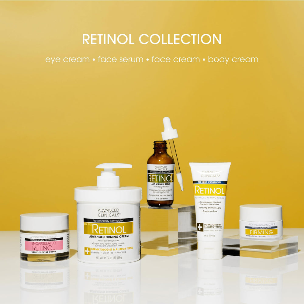 Advanced Clinicals Retinol Serum night-use scene suggests a nightly skincare routine.