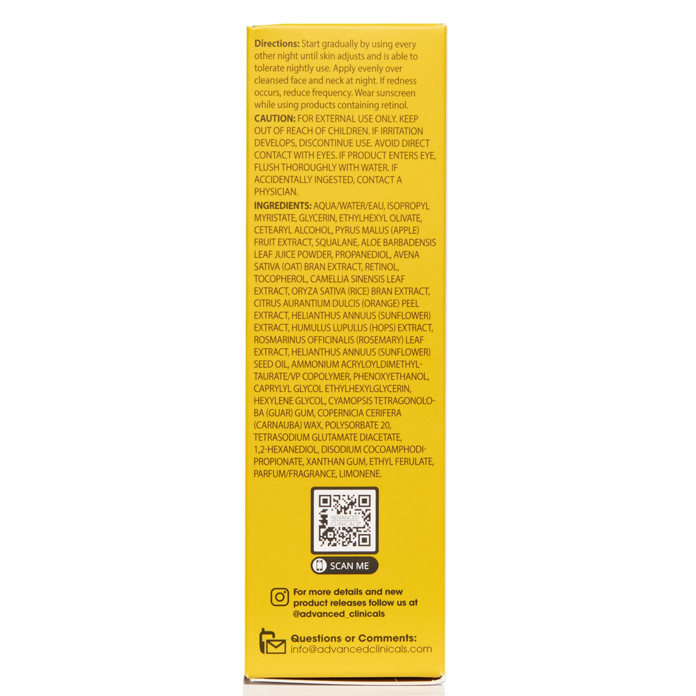 Advanced Clinicals Retinol Serum on skin suggests improved tone and texture over time.