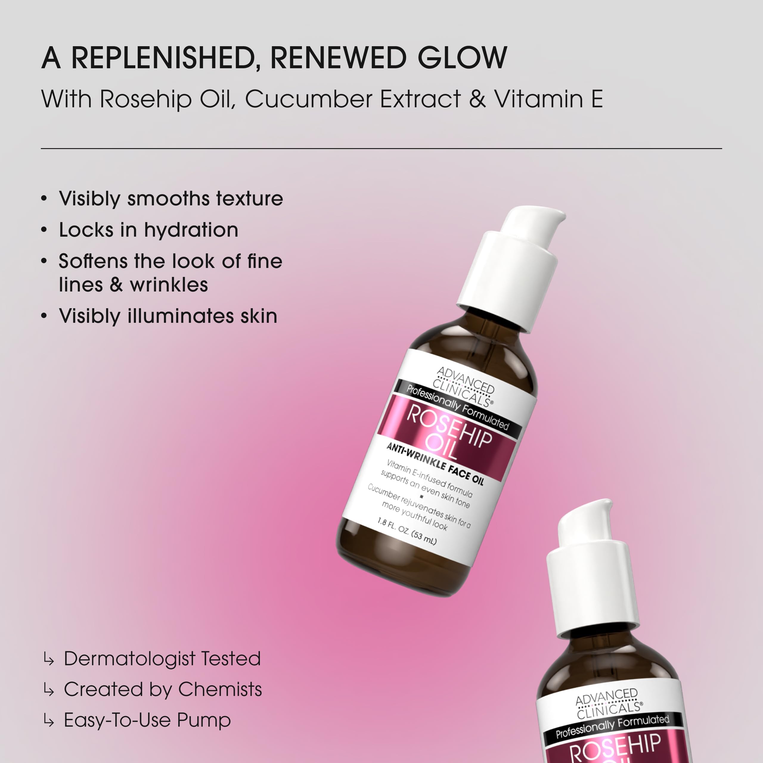 Advanced Clinicals Rosehip Oil with cucumber and Vitamin E boosts radiance.