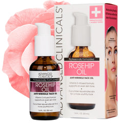 Advanced Clinicals Rosehip Oil bottle delivers deep hydration for a smoother, radiant complexion.