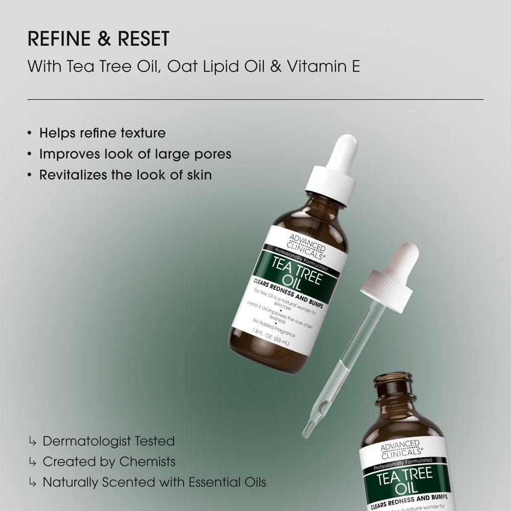 Advanced Clinicals Tea Tree Oil Face Serum ingredients highlight vitamin E for nourishment.