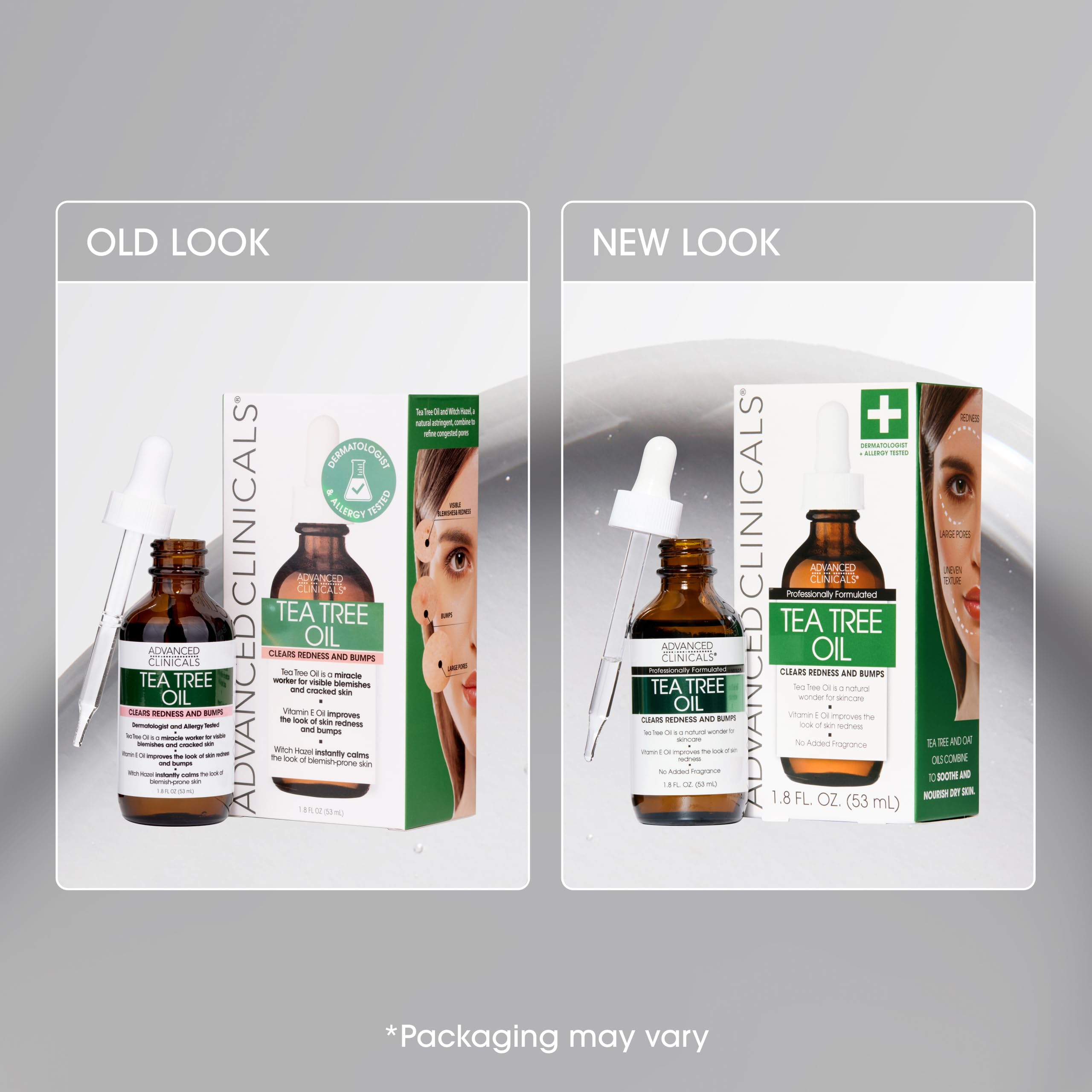 Advanced Clinicals Tea Tree Oil Serum on skin shows smooth, balanced application.