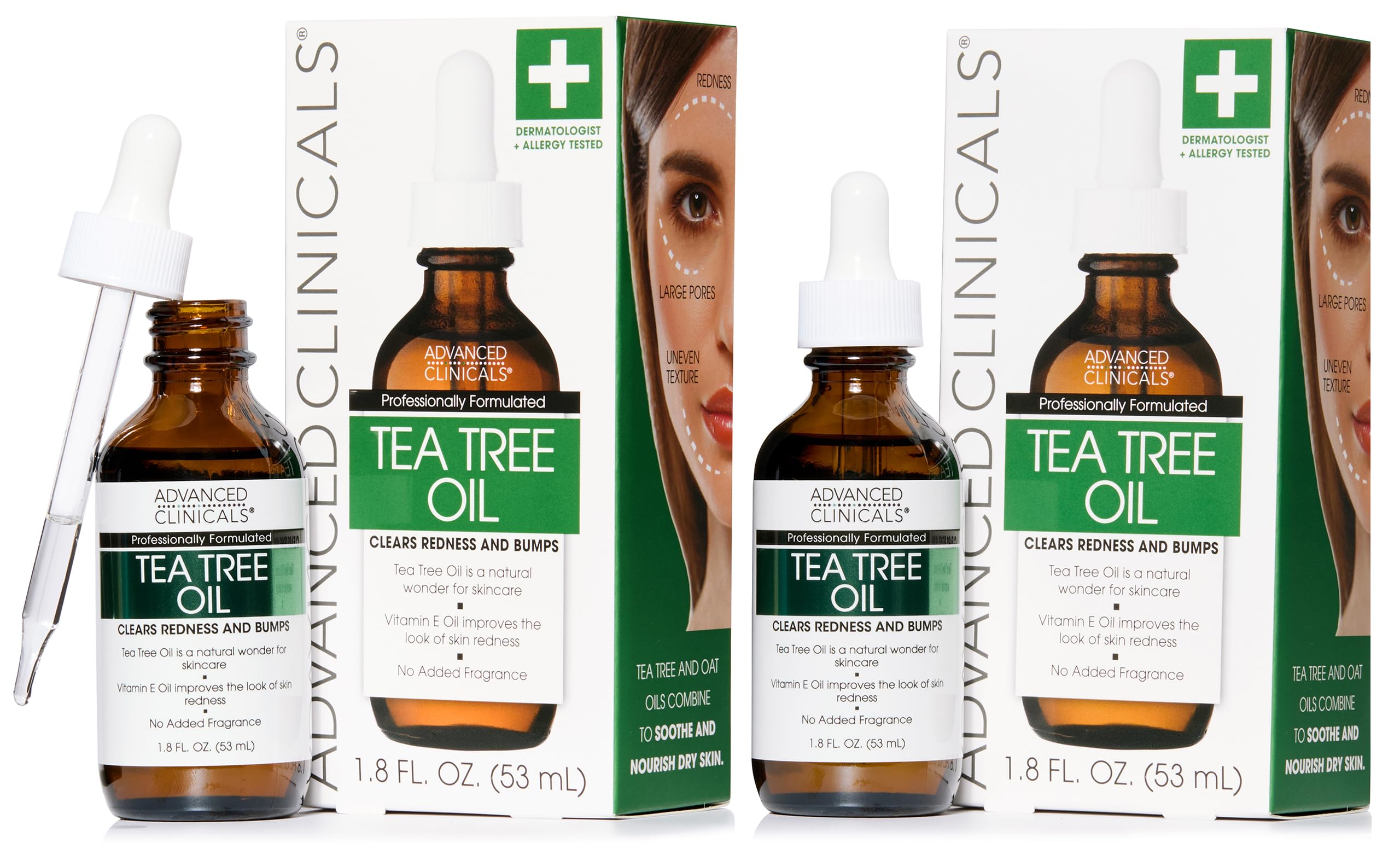 Advanced Clinicals Tea Tree Oil Serum bottle shown, lightweight formula may smooth skin texture.