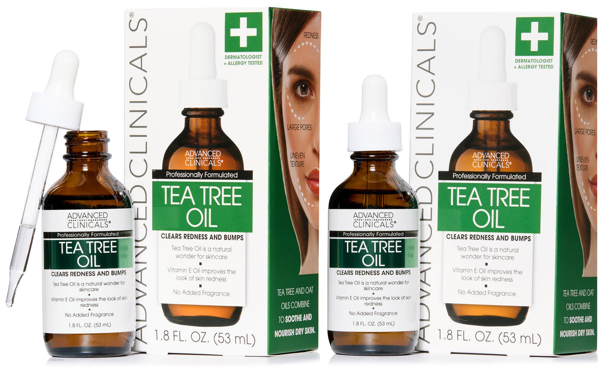 Advanced Clinicals Tea Tree Oil Serum bottle shown, lightweight formula may smooth skin texture.