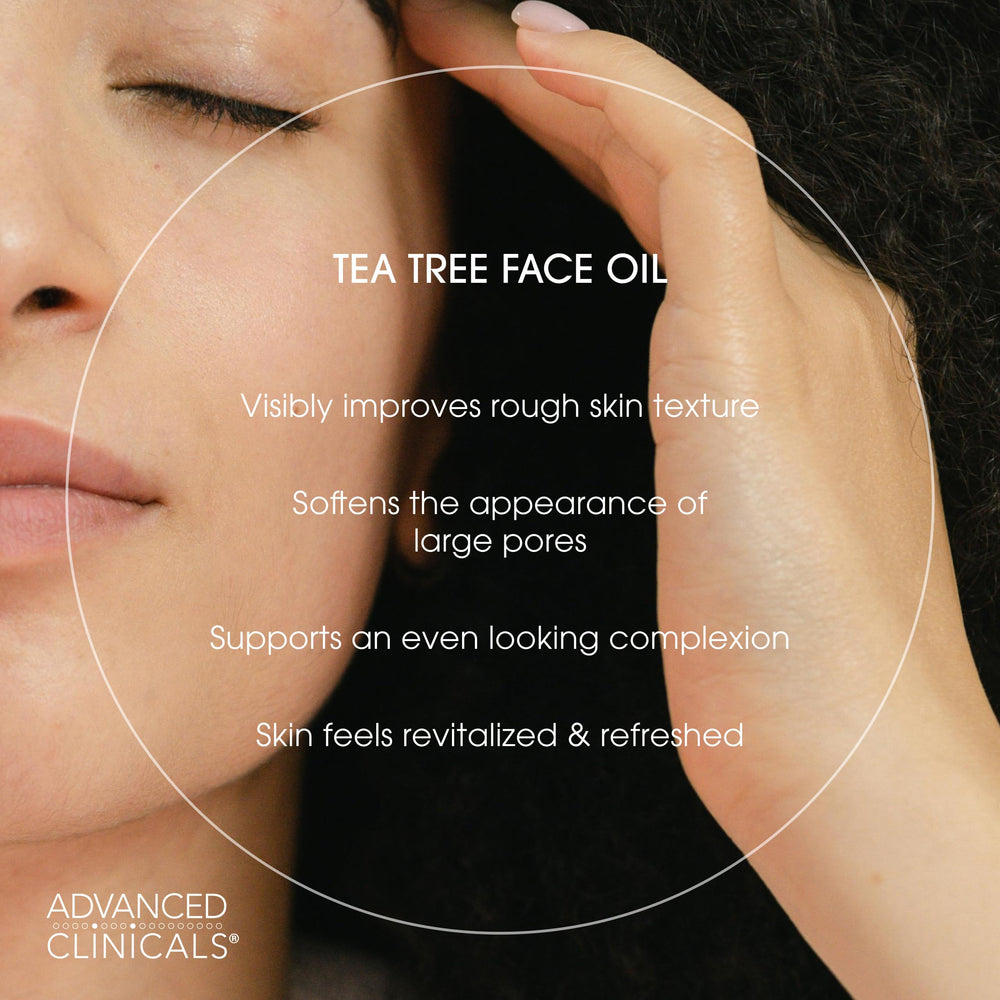 Advanced Clinicals Tea Tree Serum bottle with pump emphasizes easy daily use