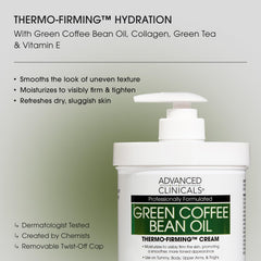 Advanced Clinicals thermo-firming cream with green coffee bean oil applying for hydrated, firmer look.