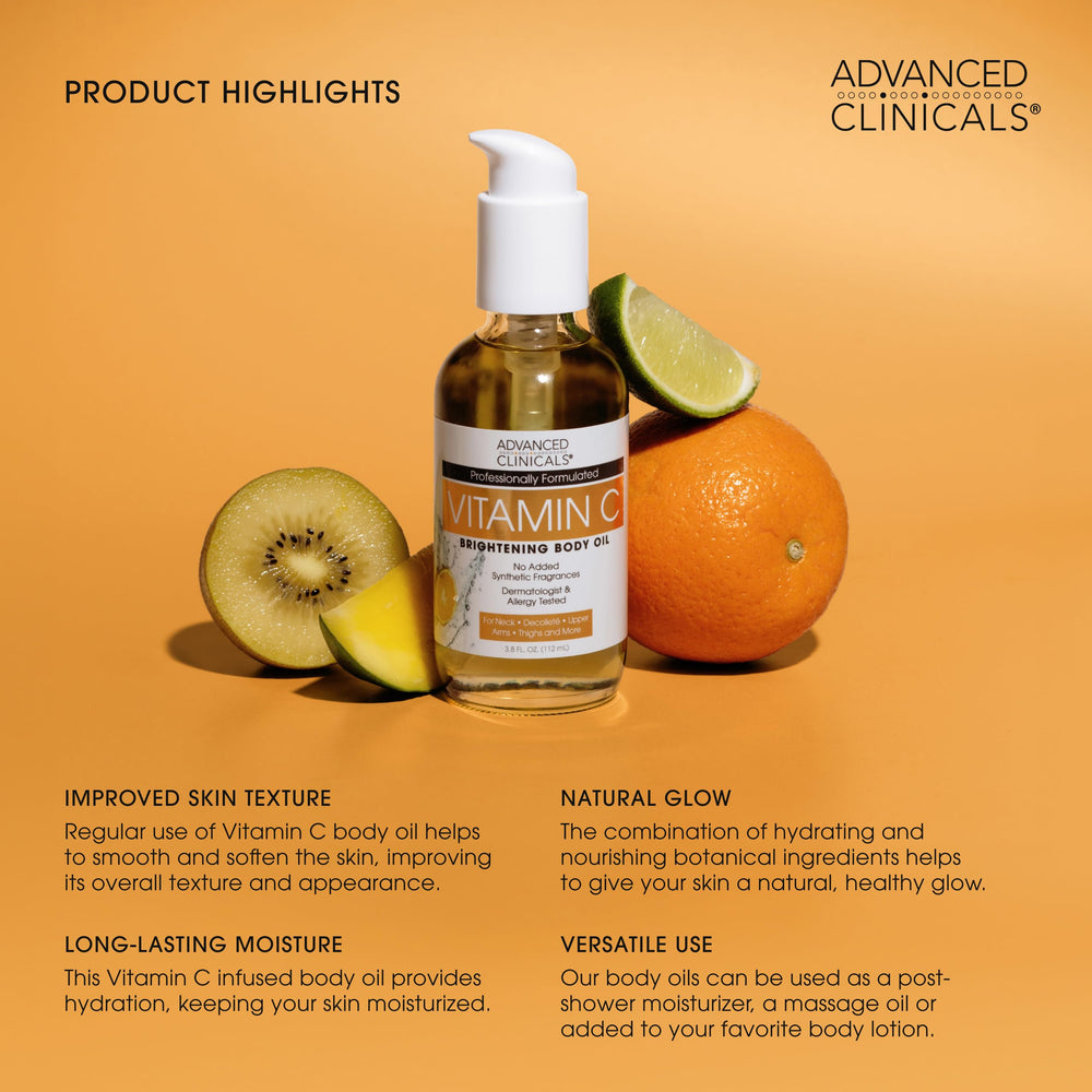 Advanced Clinicals Vitamin C Brightening Body Oil glow demonstrates healthy-looking radiance.