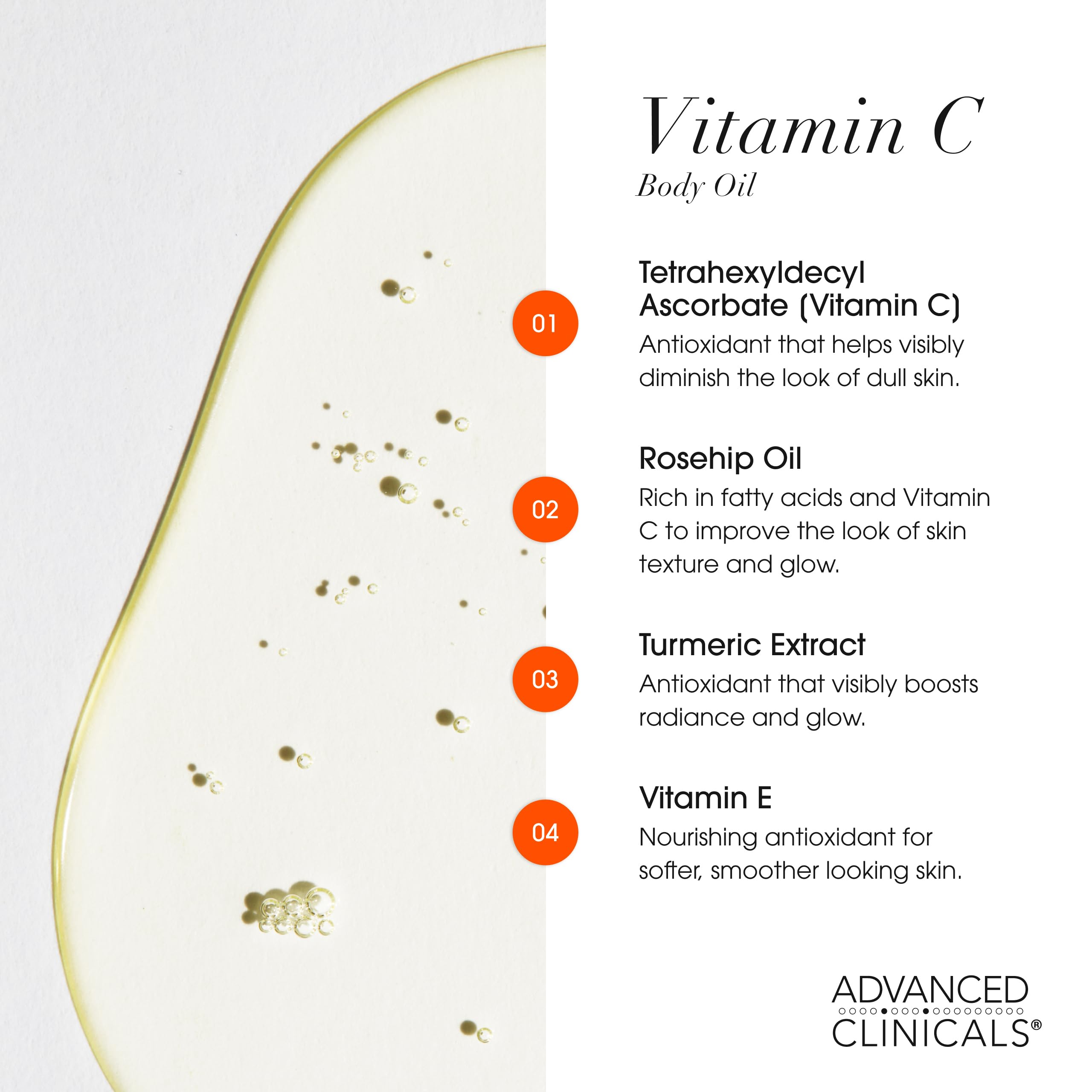 Advanced Clinicals Vitamin C Brightening Body Oil on skin closeup reveals silky hydration.