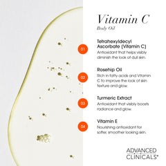 Advanced Clinicals Vitamin C Brightening Body Oil on skin closeup reveals silky hydration.