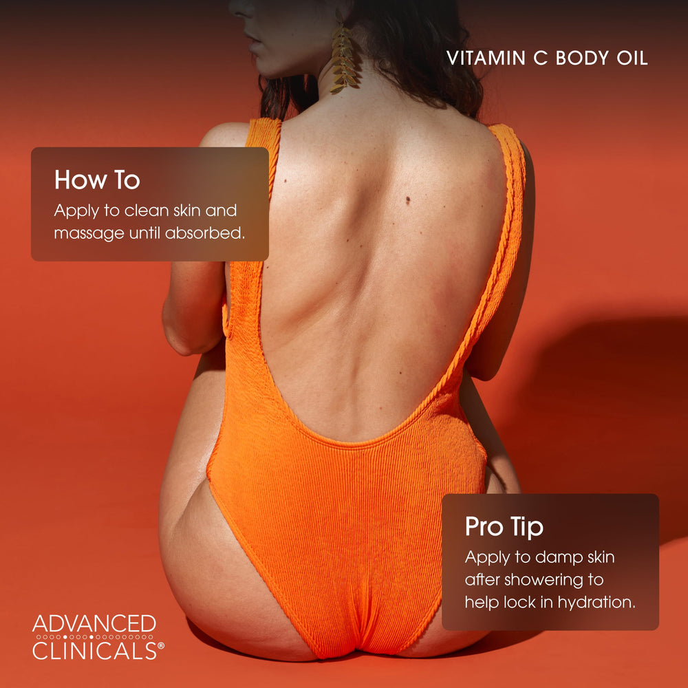 Advanced Clinicals Vitamin C Brightening Body Oil with turmeric extract hints at radiant, even-looking skin.