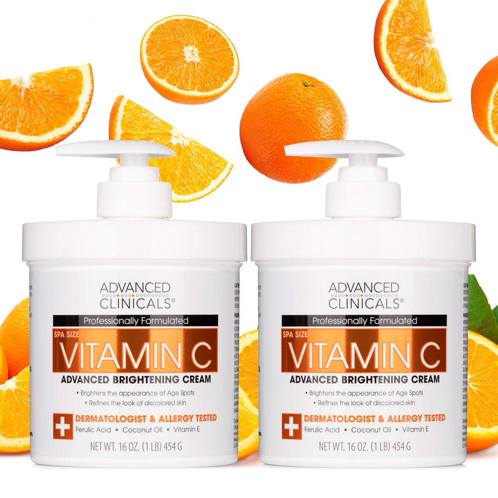 Advanced Clinicals Vitamin C Cream bottle pump shows brightening formula for radiant skin.
