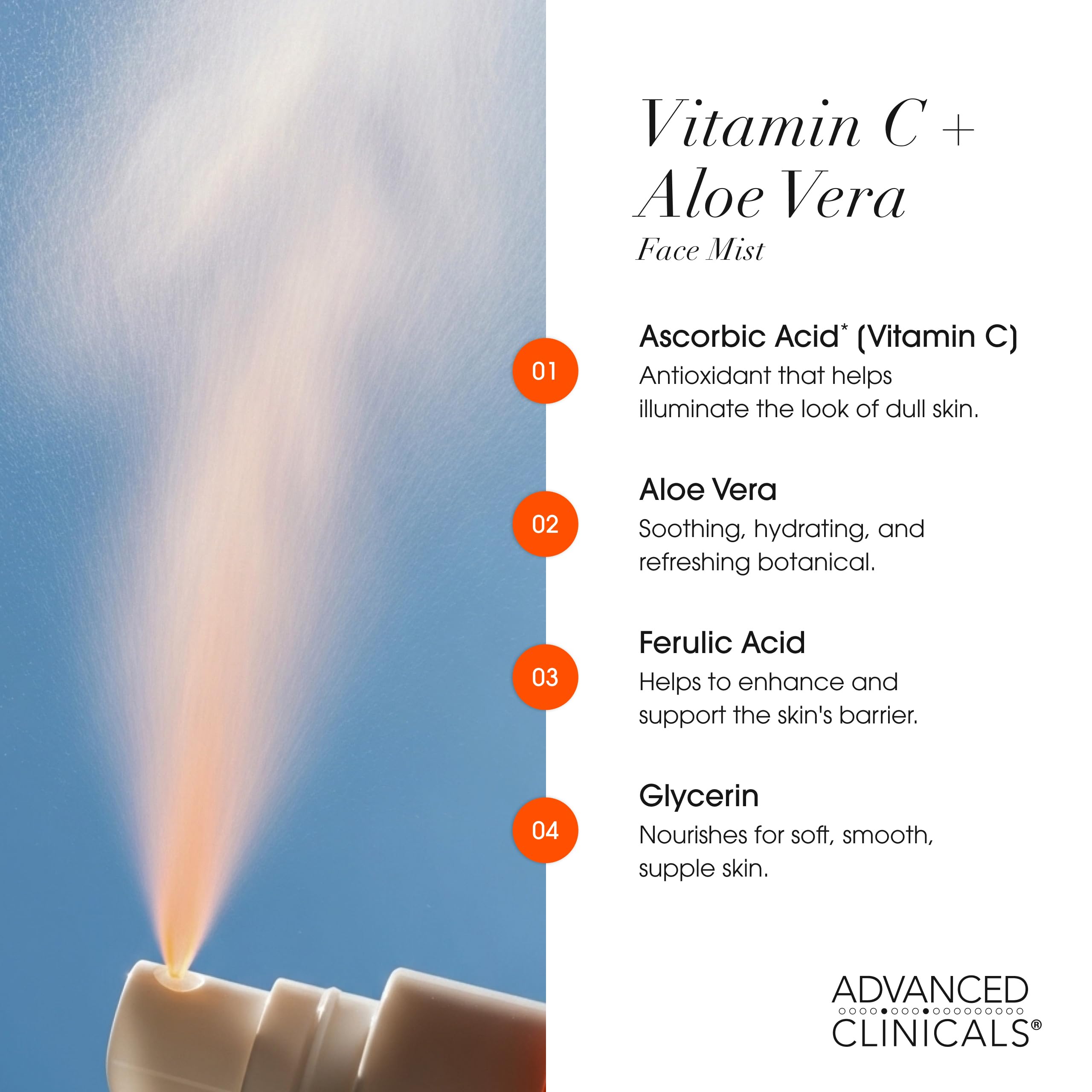 Advanced Clinicals Vitamin C Toner ferulic acid ingredient—stabilized vitamin C for enhanced protection.