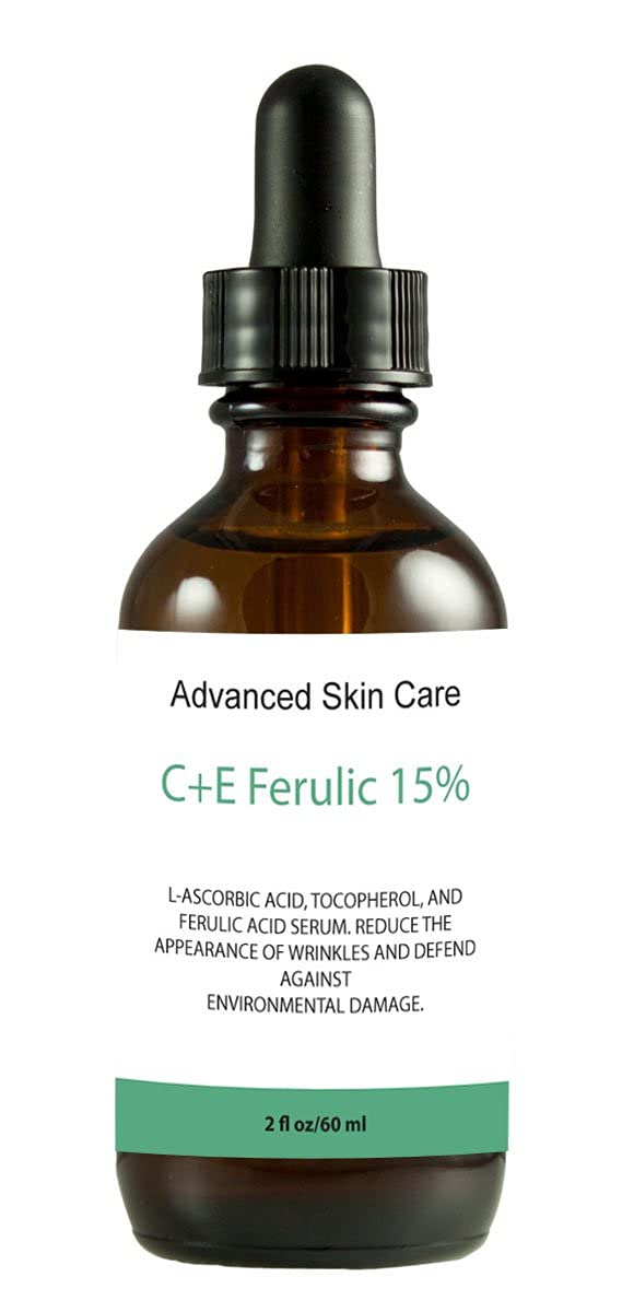 Advanced Skin Care CE Ferulic Serum bottle shows large 2 oz size for daily antioxidant protection