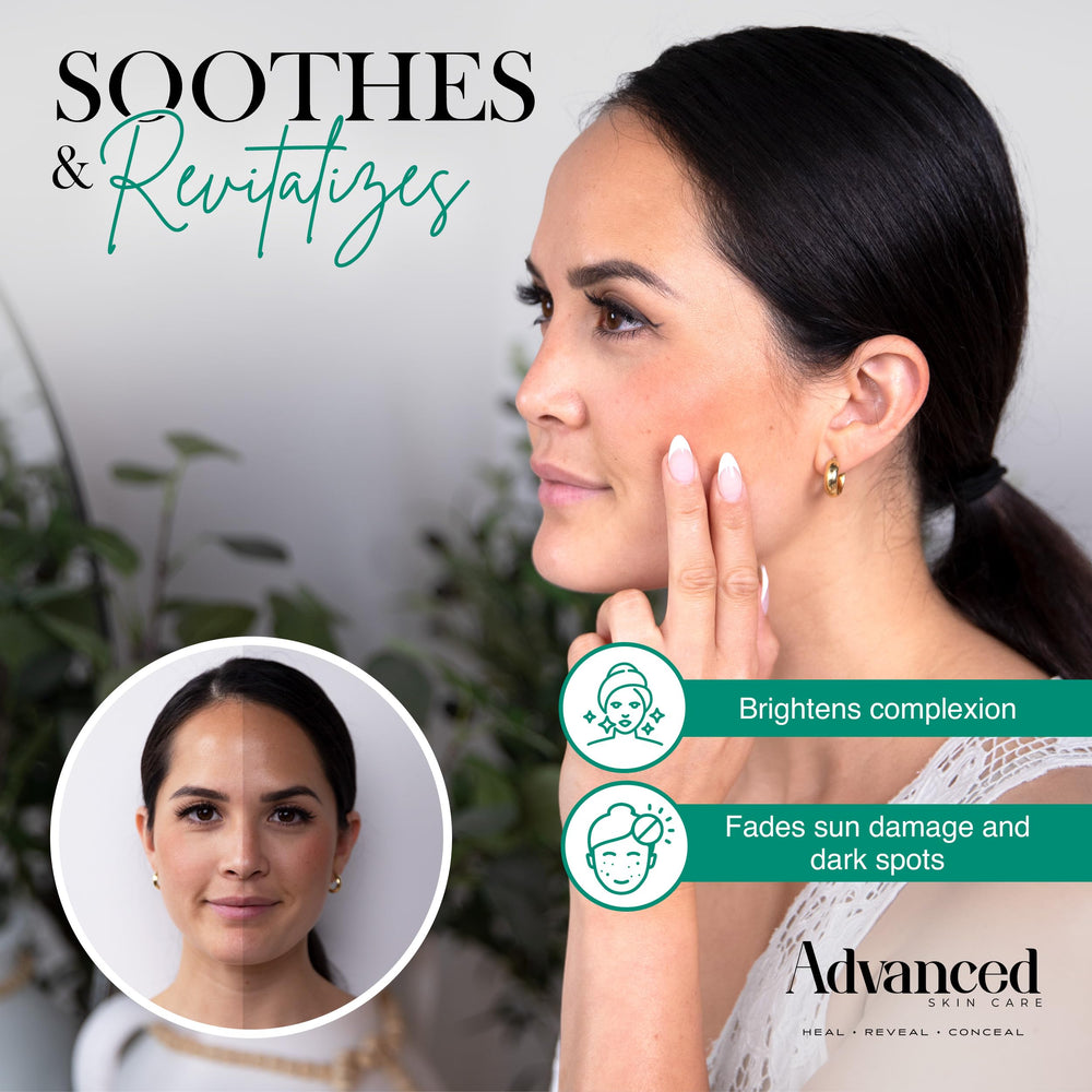 Advanced Skin Care brightening application on uneven tone targets dark spots over time.
