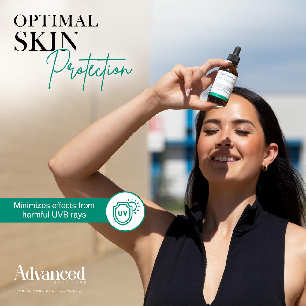 Advanced Skin Care serum texture close-up shows a smooth, fast-absorbing formula.