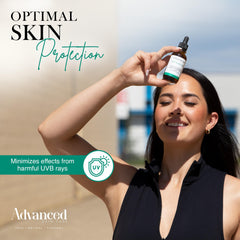Advanced Skin Care serum texture close-up shows a smooth, fast-absorbing formula.